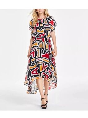 KARL LAGERFELD PARIS Women's Printed High-Low Flutter-Sleeve Dress.
